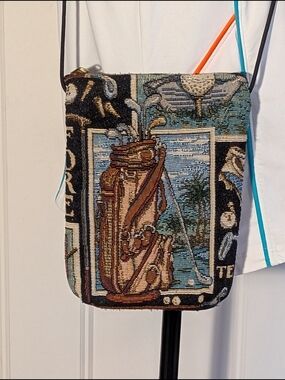 Tapestry Crossbody Golf Themed Bag. Zippered Pockets.